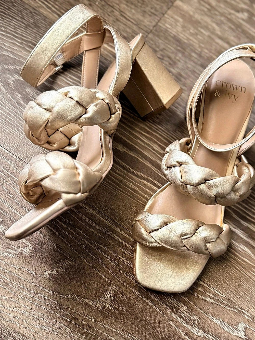 Crown & Ivy Gold Braided Block Heel Sandals Like New